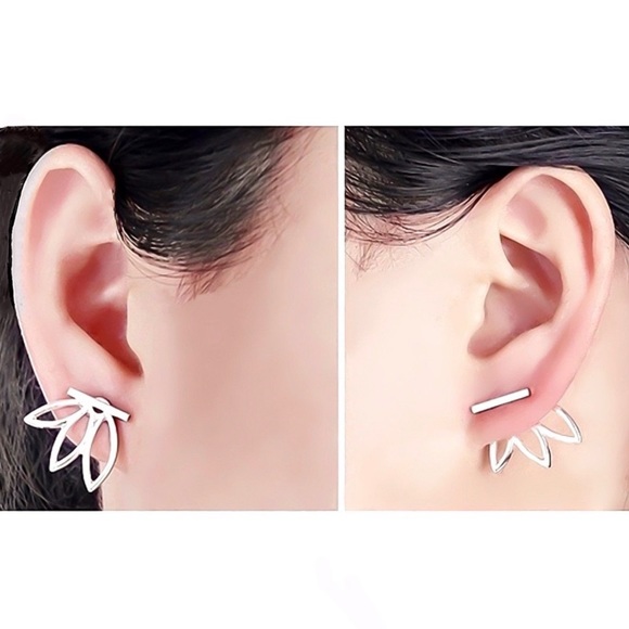 Silver Bar Stud w/Lotus Flower Jacket Earrings - Picture 8 of 8